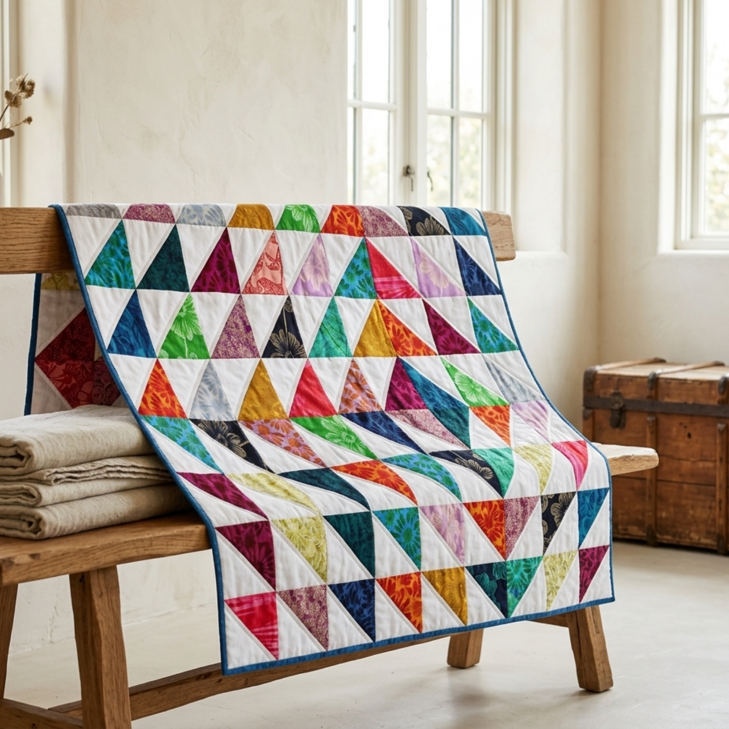 Colorful quilt with geometric pattern draped over a wooden bench in a bright room.