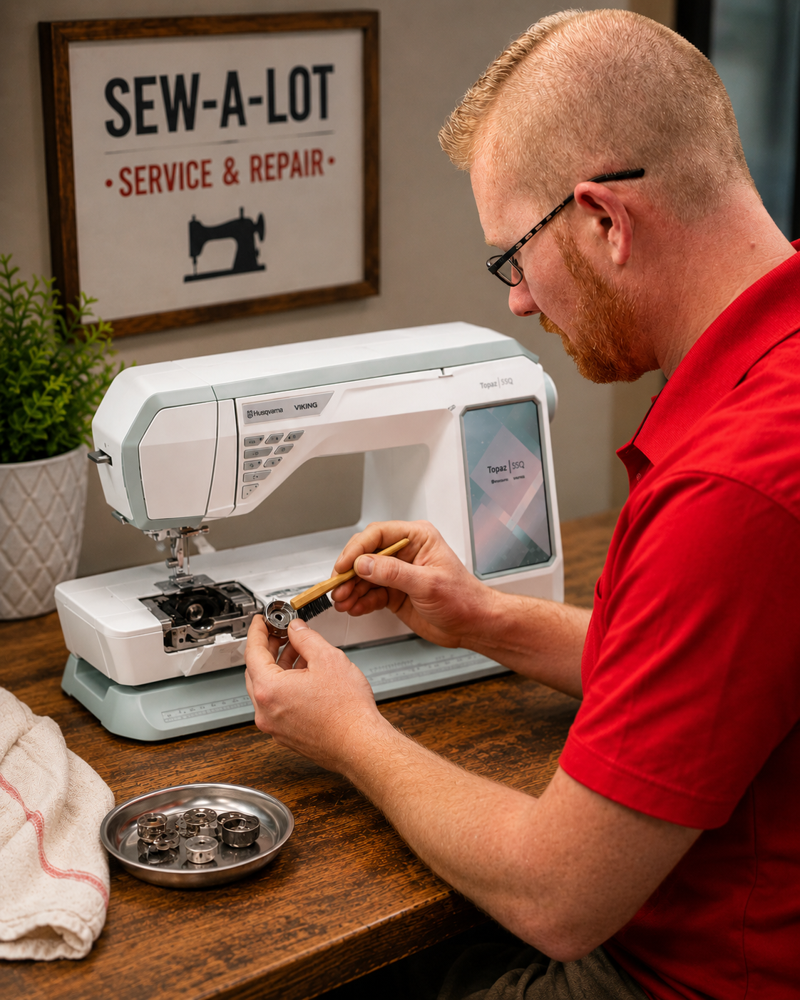 Experienced sewing machine technician performing preventative maintenance and bobbin cleaning on a Husqvarna Viking sewing machine at Sew-A-Lot Creative Sewing Centers.