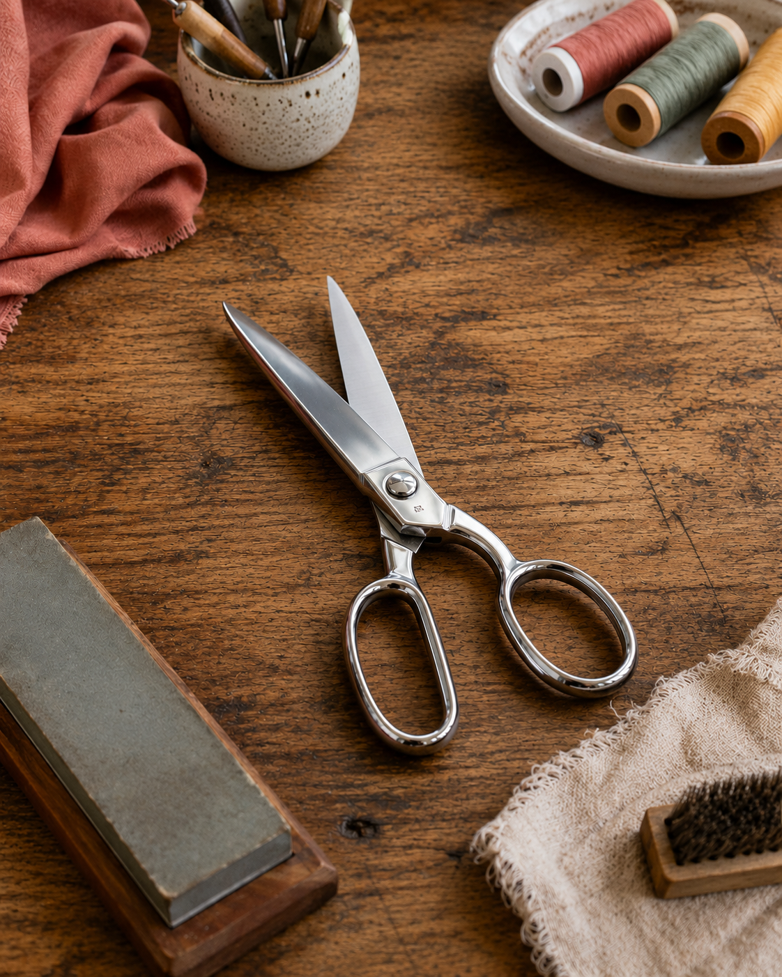 Professional sewing scissors on rustic wooden workbench for scissor sharpening service.