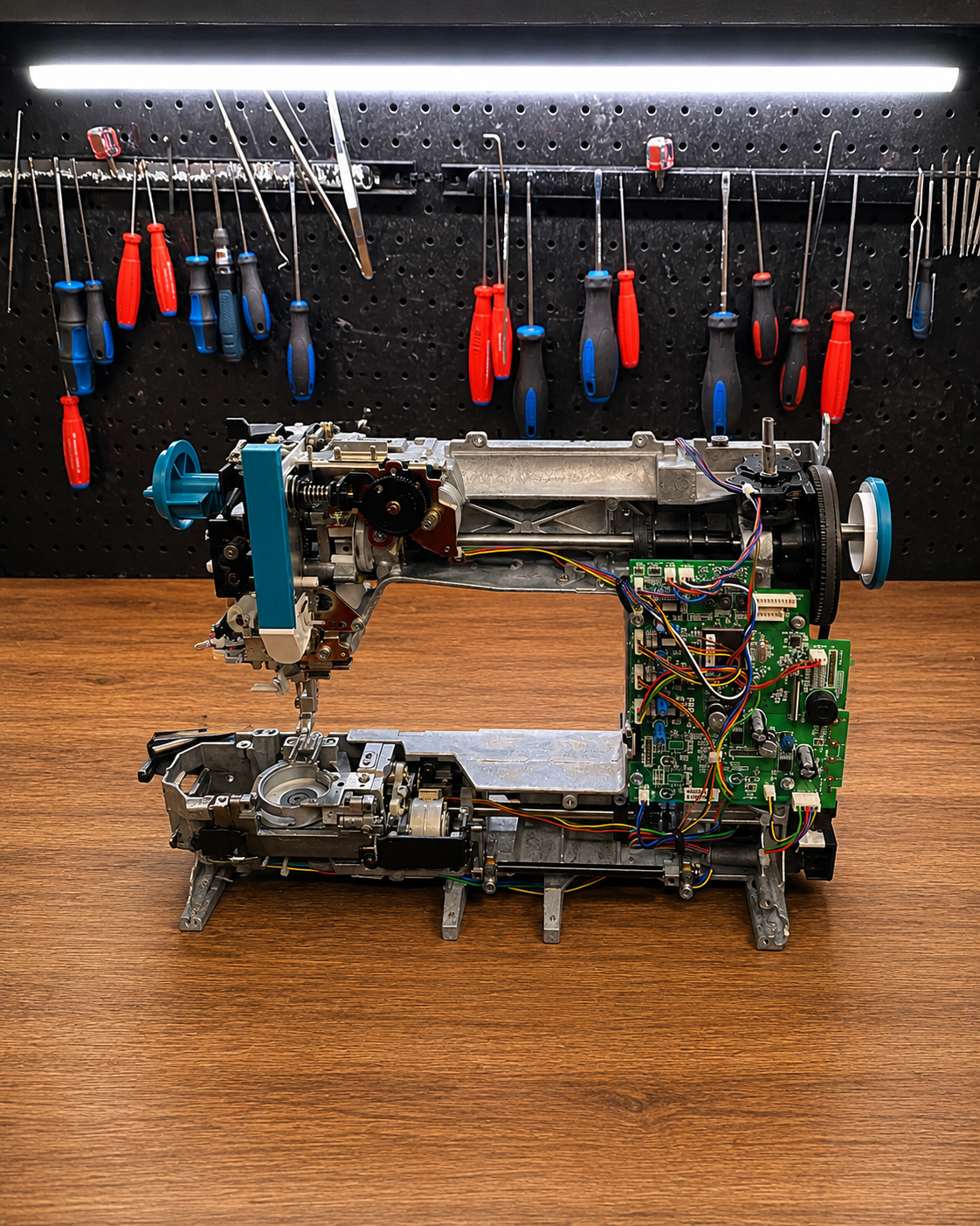 Sewing machine repair service workbench at Sew-A-Lot with disassembled sewing machine and professional repair tools